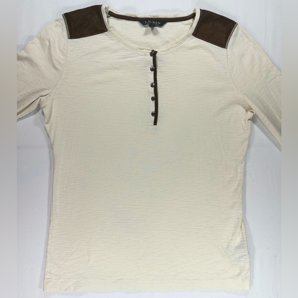 Lauren Ralph Lauren Ivory Henley Top Faux Leather Trim Size L Preppy Academia